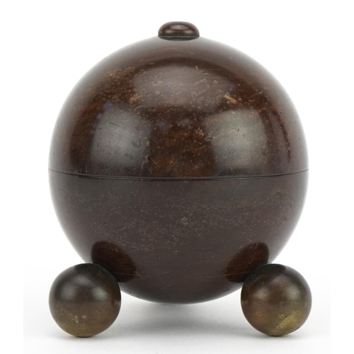 404 - Victorian rosewood spherical string box on four brass ball feet, 9.5cm high