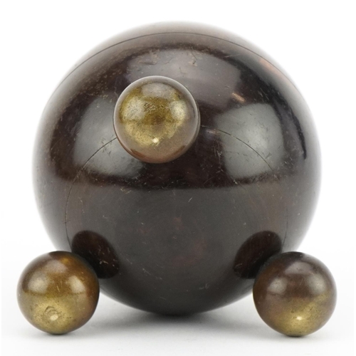 404 - Victorian rosewood spherical string box on four brass ball feet, 9.5cm high