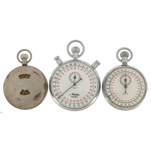 2592 - Two open face stopwatches and a Rocar tortoise pocket watch comprising Majex Minerva and Smiths, the... 