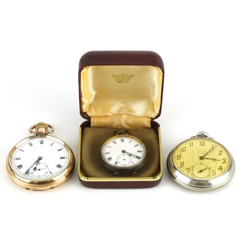 2573 - Three pocket watches comprising two gentlemen's open face pocket watches and a ladies gun metal pock... 