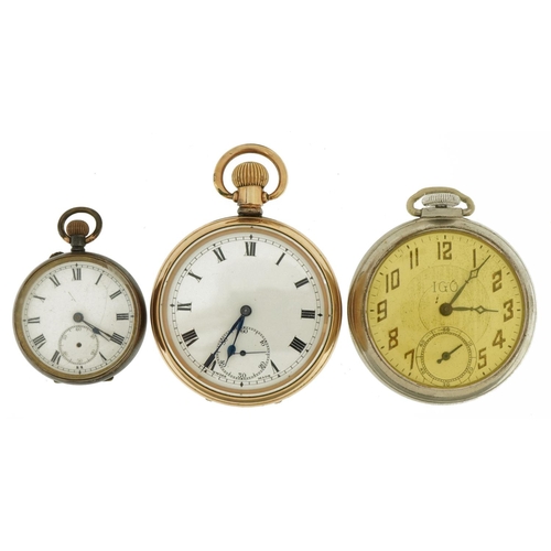 2573 - Three pocket watches comprising two gentlemen's open face pocket watches and a ladies gun metal pock... 