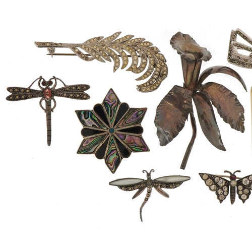 2584 - Antique and later silver and white metal jewellery including an enamelled imp brooch, marcasite broo... 