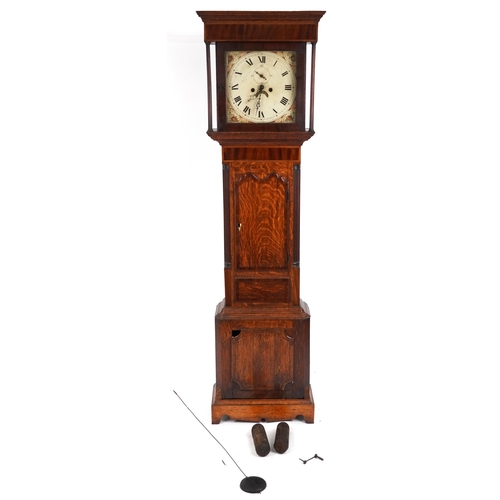 1151 - 19th century oak and mahogany longcase clock with enamelled dial, 202cm high