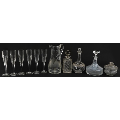 1338 - Georgian and later glassware comprising a water jug, bowl and cover, set of six Champagne flutes and... 