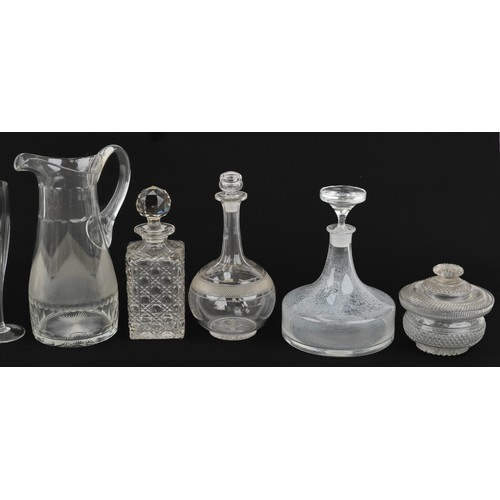 1338 - Georgian and later glassware comprising a water jug, bowl and cover, set of six Champagne flutes and... 