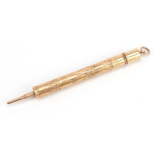 134 - Victorian unmarked gold propelling pencil and dip pen with floral chased case, 7.5cm in length when ... 