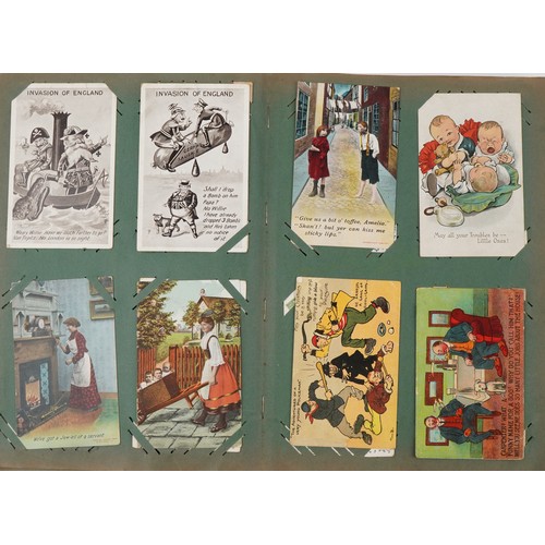 925 - Collection of military, topographical and comical postcards arranged in an album including silk embr... 