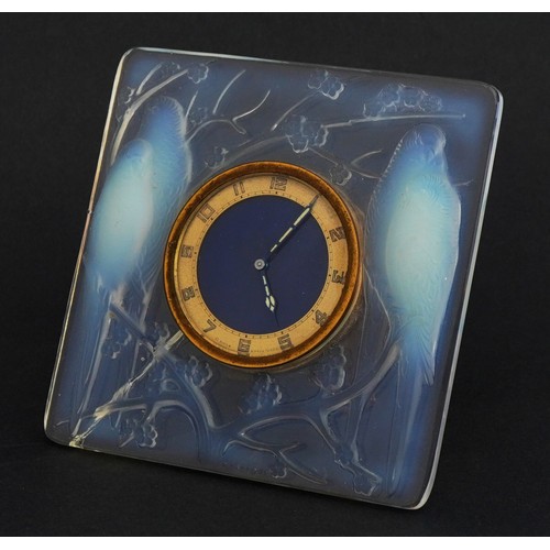 33 - Rene Lalique, French Art Deco opalescent Inseparables eight day strut clock with circular dial havin... 