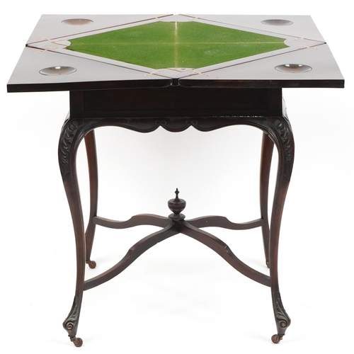 1103 - Victorian mahogany envelope card table with green baize lined interior and carved knees, 75cm high x... 