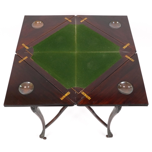 1103 - Victorian mahogany envelope card table with green baize lined interior and carved knees, 75cm high x... 