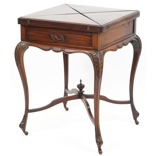 1103 - Victorian mahogany envelope card table with green baize lined interior and carved knees, 75cm high x... 