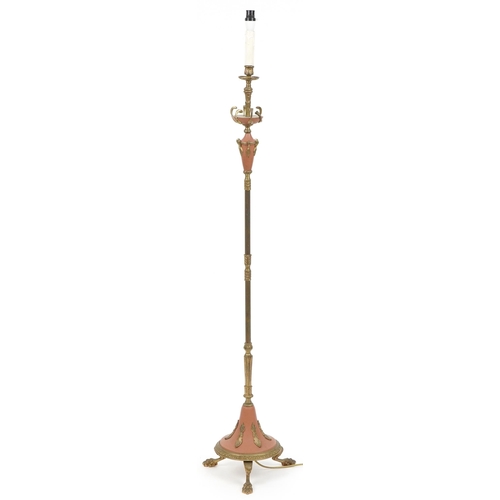 1114 - French style brass reeded standard lamp with lion paw feet, 148cm high