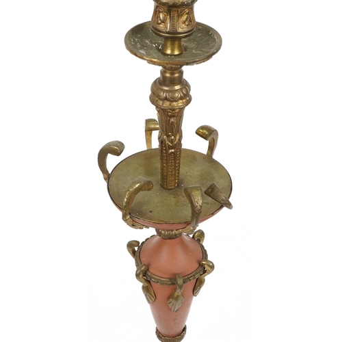 1114 - French style brass reeded standard lamp with lion paw feet, 148cm high