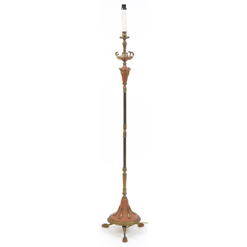 1114 - French style brass reeded standard lamp with lion paw feet, 148cm high