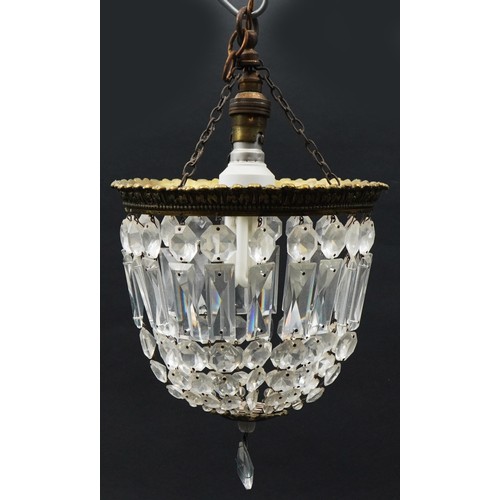 1336 - Three ornate brass bag chandeliers with cut glass drops including a pair, the pair each 38cm high