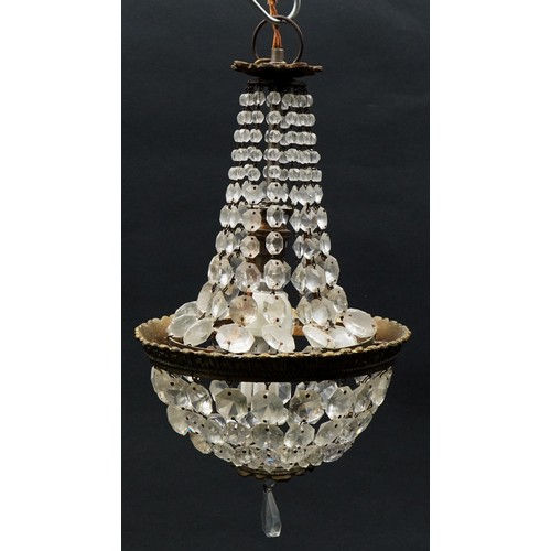 1336 - Three ornate brass bag chandeliers with cut glass drops including a pair, the pair each 38cm high