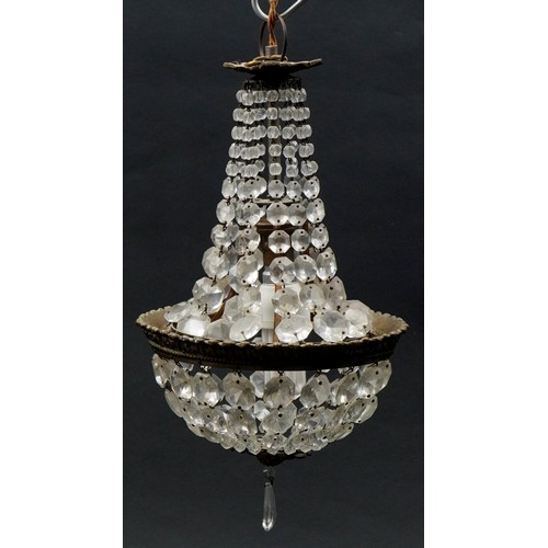 1336 - Three ornate brass bag chandeliers with cut glass drops including a pair, the pair each 38cm high