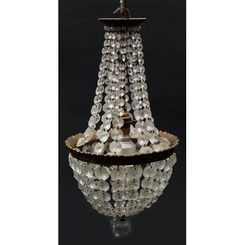 1336 - Three ornate brass bag chandeliers with cut glass drops including a pair, the pair each 38cm high