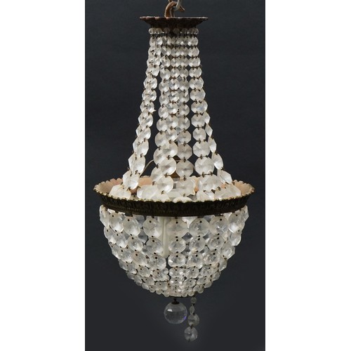 1336 - Three ornate brass bag chandeliers with cut glass drops including a pair, the pair each 38cm high