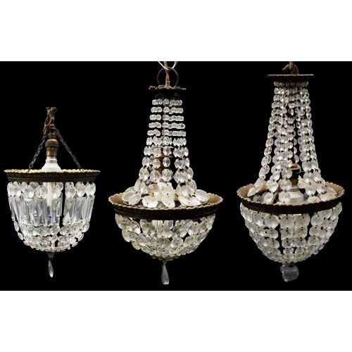 1336 - Three ornate brass bag chandeliers with cut glass drops including a pair, the pair each 38cm high