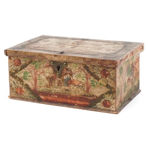 450 - Antique naive treen casket hand painted with buildings and trees, 12cm H x 28cm W x 19cm D