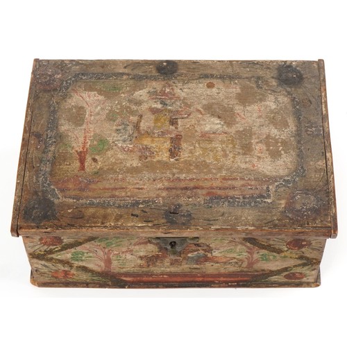 450 - Antique naive treen casket hand painted with buildings and trees, 12cm H x 28cm W x 19cm D