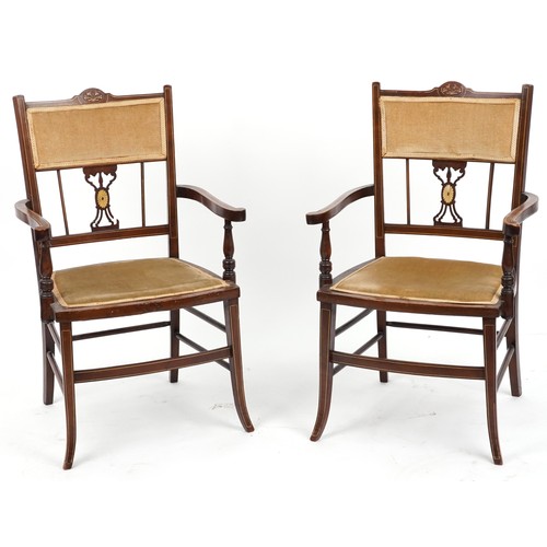 1153 - Four Edwardian inlaid mahogany salon chairs including two carvers, the largest each 90cm high