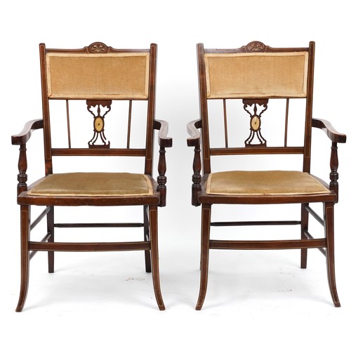 1153 - Four Edwardian inlaid mahogany salon chairs including two carvers, the largest each 90cm high