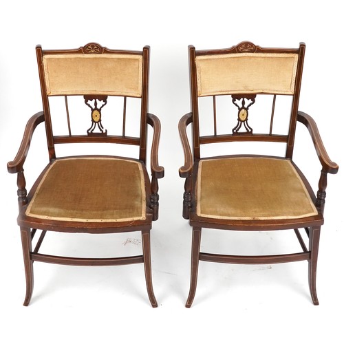 1153 - Four Edwardian inlaid mahogany salon chairs including two carvers, the largest each 90cm high