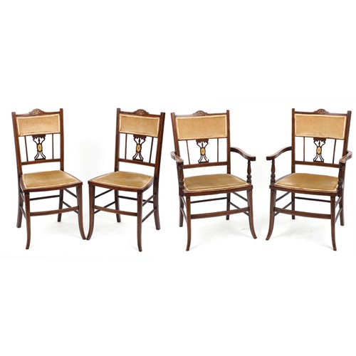 1153 - Four Edwardian inlaid mahogany salon chairs including two carvers, the largest each 90cm high