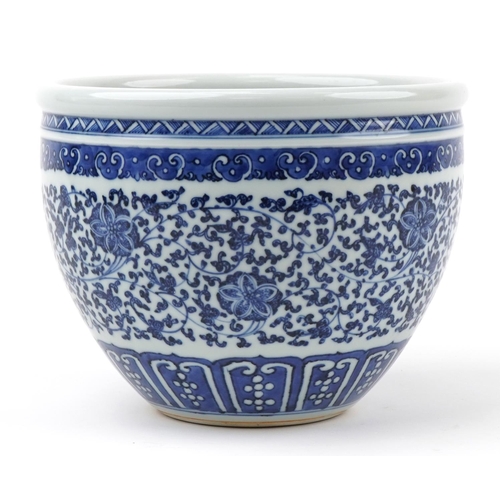 459 - Chinese blue and white porcelain jardiniere finely hand painted with flower heads amongst scrolling ... 