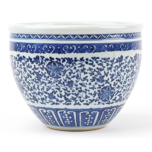 459 - Chinese blue and white porcelain jardiniere finely hand painted with flower heads amongst scrolling ... 