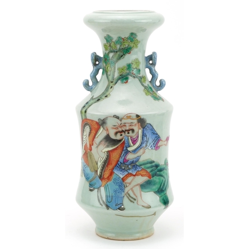 2472 - Chinese Canton celadon glazed vase with ruyi handles hand painted in the famille rose palette with t... 