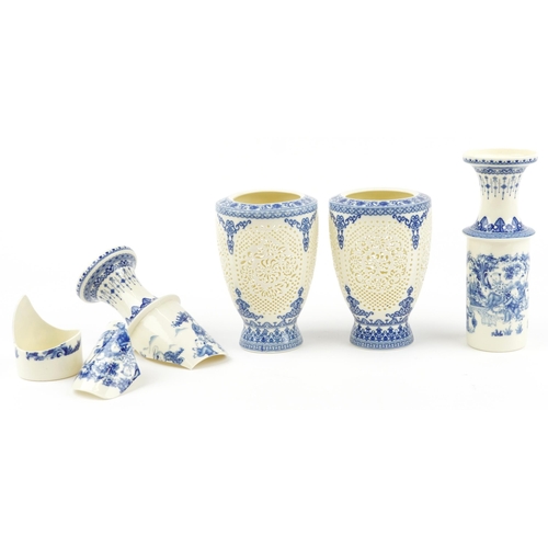 1829 - Chinese blue and white porcelain reticulated two piece flower vases decorated with flowers and child... 