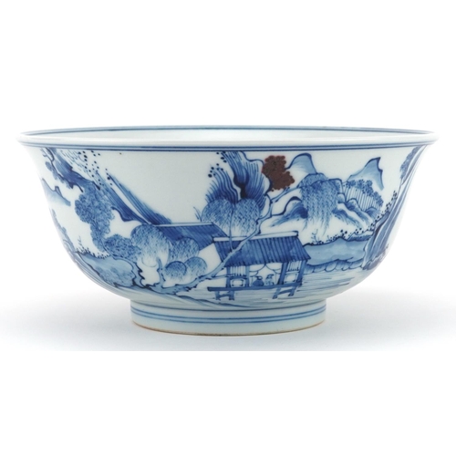 1827 - Chinese blue and white with iron red porcelain bowl hand painted with figures in a river landscape, ... 