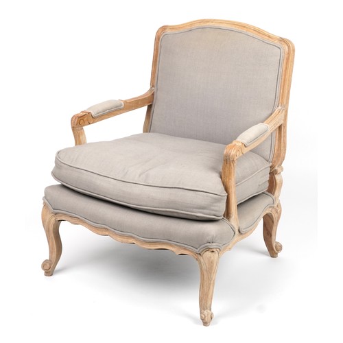 1038 - French style lightwood armchair with lift off cushion and grey upholstery, 89cm high