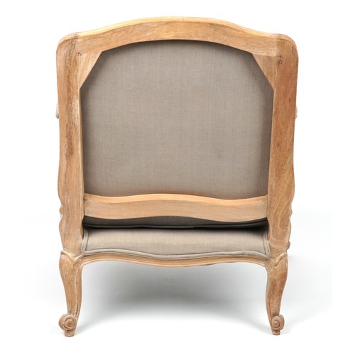 1038 - French style lightwood armchair with lift off cushion and grey upholstery, 89cm high