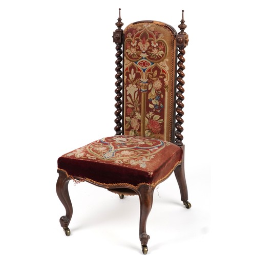 1034 - Victorian barley twist rosewood prie dieu chair with needlepoint upholstery, 109cm High