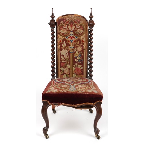 1034 - Victorian barley twist rosewood prie dieu chair with needlepoint upholstery, 109cm High