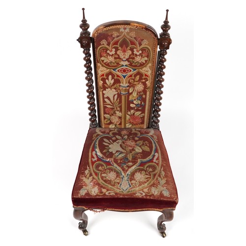 1034 - Victorian barley twist rosewood prie dieu chair with needlepoint upholstery, 109cm High