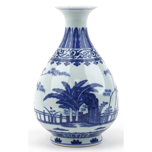 2476 - Chinese blue and white porcelain vase hand painted with a palace setting, six figure character marks... 