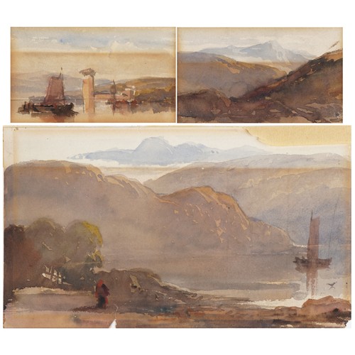 3242 - Moored boats, Highland loch and mountains, set of three 19th century watercolours on card mounted as... 