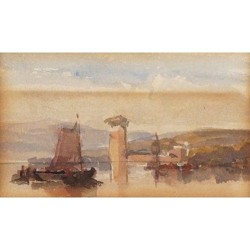 3242 - Moored boats, Highland loch and mountains, set of three 19th century watercolours on card mounted as... 