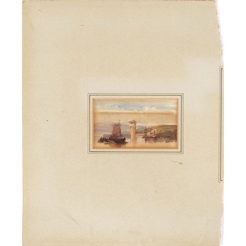 3242 - Moored boats, Highland loch and mountains, set of three 19th century watercolours on card mounted as... 