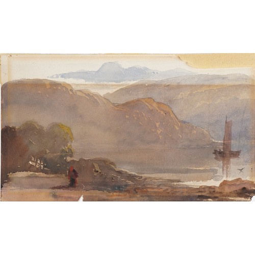 3242 - Moored boats, Highland loch and mountains, set of three 19th century watercolours on card mounted as... 