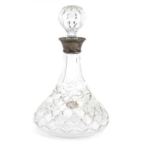 455 - Cut crystal decanter with silver collar by Roberts & Dore Ltd, Birmingham 1980, 27cm high