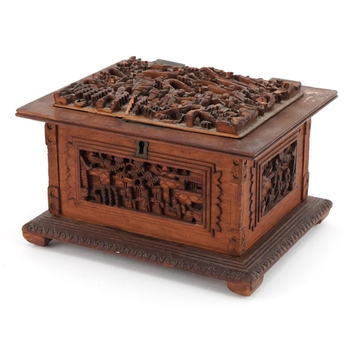 2704 - Chinese sandalwood casket for restoration profusely carved with figures amongst trees and pagodas, 8... 