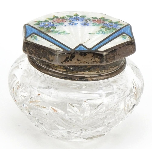 634 - Art Deco circular cut glass jar with silver and guilloche enamel lid, indistinct maker's marks Birmi... 