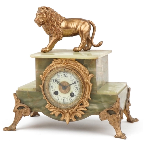 296 - Japy Freres, French 19th century style onyx and gilt metal mantle clock surmounted with a lion, the ... 