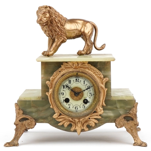 296 - Japy Freres, French 19th century style onyx and gilt metal mantle clock surmounted with a lion, the ... 